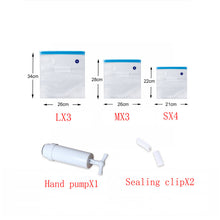 Load image into Gallery viewer, 10pack Reusable Vacuum Food Storage Bags with 3 Different Size Vacuum Food Bags,1 Hand Pump, 2 Sealing Clips

